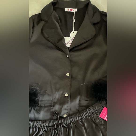 NWT Buddy Love Black Satin Large Pajama Set with Feather Cuffs - Picture 2 of 12